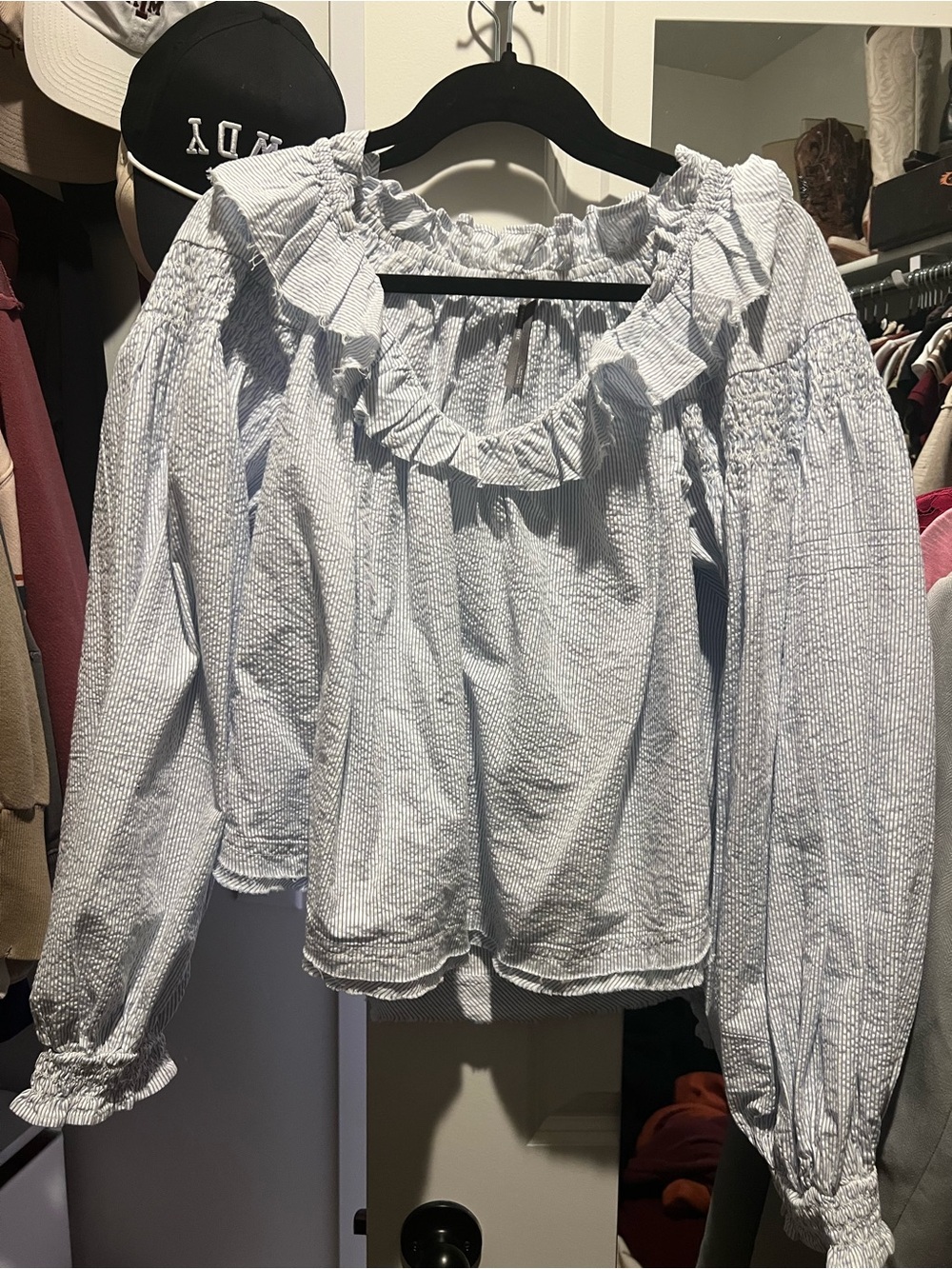 Anthropologie Light Blue Ruffle Peasant Top